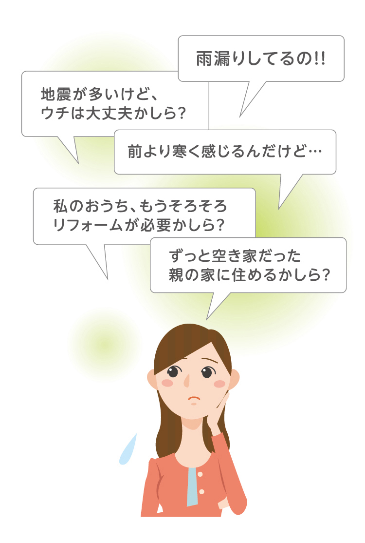 地震が多いけど、ウチは大丈夫かしら？前より寒く感じるんだけど・・雨漏りしてるの！！私のおうち、もうそろそろリフォームが必要かしら？ずっと空き家だった親の家に住めるかしら？